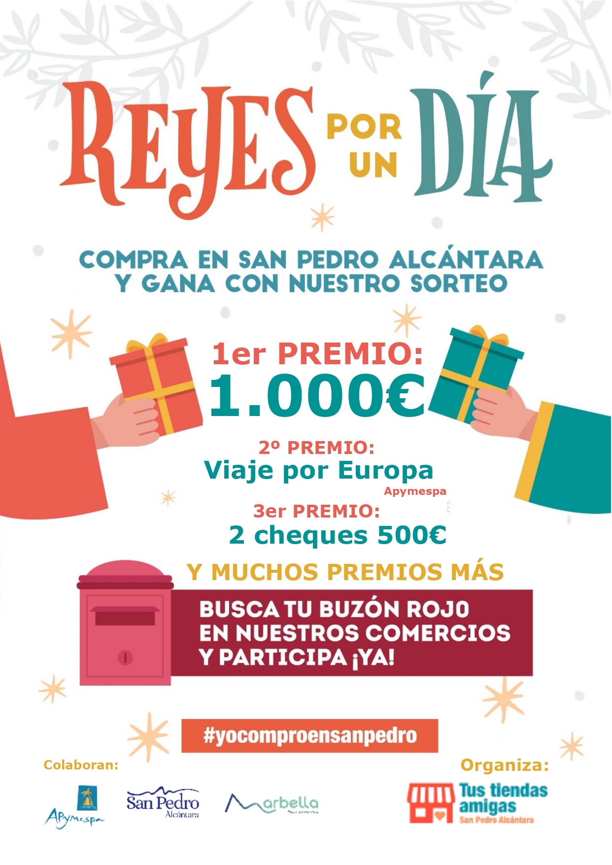 El tejido comercial de San Pedro Alcántara de la mano de la Asociación “Tus Tiendas Amigas” en colaboración con Ayto de Marbella, Tenencia de Alcaldía y Apymespa ponen en marcha la campaña “Reyes por un Día”. Comprando en los establecimientos de San Pedro Alcántara entrarás en un sorteo con diversos premios, depositando tus datos en los buzones rojos de los comercios.
