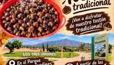 Cartel del tostón tradicional San Pedro Alcántara en el parque Los Tres Jardines, 1 de noviembre