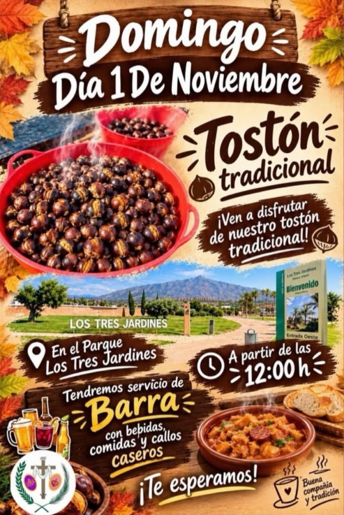 Cartel del tostón tradicional San Pedro Alcántara en el parque Los Tres Jardines, 1 de noviembre
